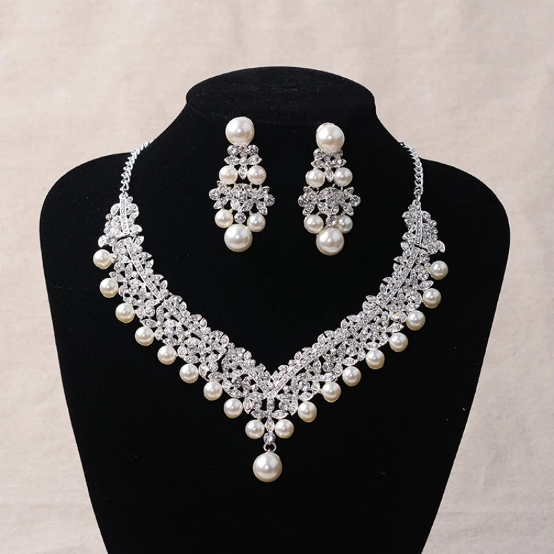 Crystal Pearl Bridal Jewelry Set Rhinestone Necklace Earring Tiara Crown Set For Women Bride Party Queen Wedding Jewelry Set