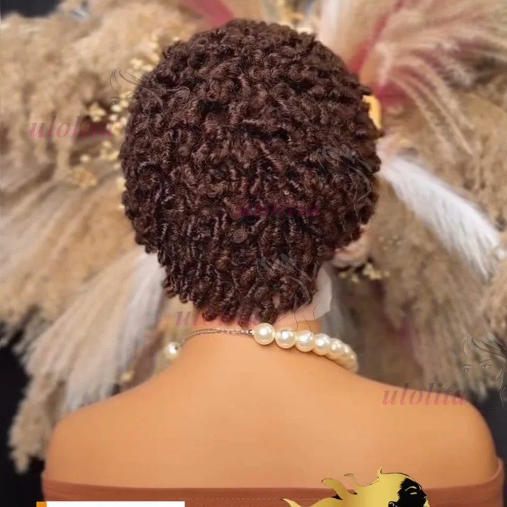 Kurze Pixie-Cut Dreadlocks-Perücken, Schokoladenbraun, Afro-Twists Dreadlocks Lace Frontal Perücke, Faux Locs Geflochtene Haarersatz-Perücken – Detail 7