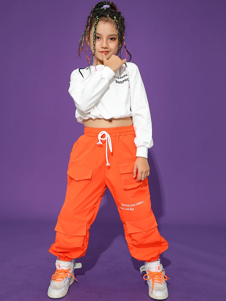 Ropa de Hip Hop para niños, traje de actuación de baile moderno, traje Kpop, traje de baile de Jazz para niñas, Tops cortos, pantalones Cargo naranja 2023