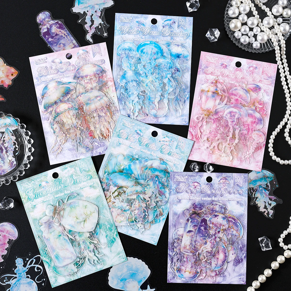 30-Piece/Pack Ocean-Themed Sticker Set, Jellyfish Shell Patterns, for DIY Journals, Cups, Photo Frame Decoration Materials