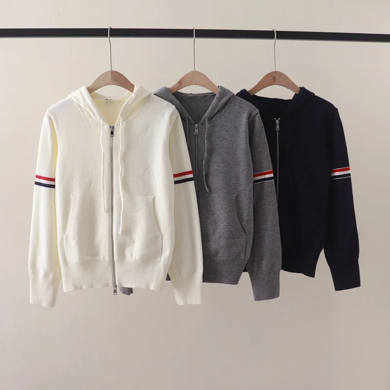 

Autumn and Winter New Double Sleeve Colorful Narrow Goods Zipper Hooded Loose Casual Style Long Sleeve Knitted Cardigan Sweater