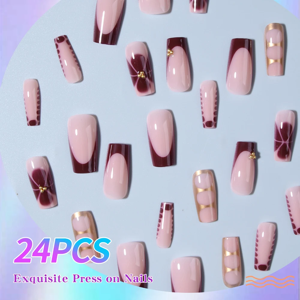 24 stuks lange doodskistvormige bloemen nagelstickers om uw modestijl te verbeteren! Franse nagelstickers, minimalistisch en chic, herbruikbaar.