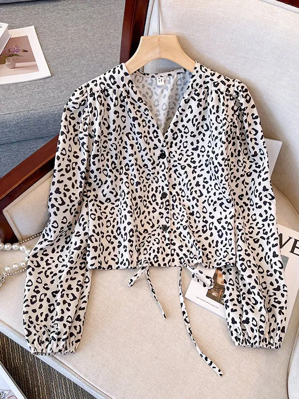 

Retro Style Long Sleeve Button up Shirt Leopard Print Inner Wear Large Size Summer Design Belted Women's Fashion Casual Shirt