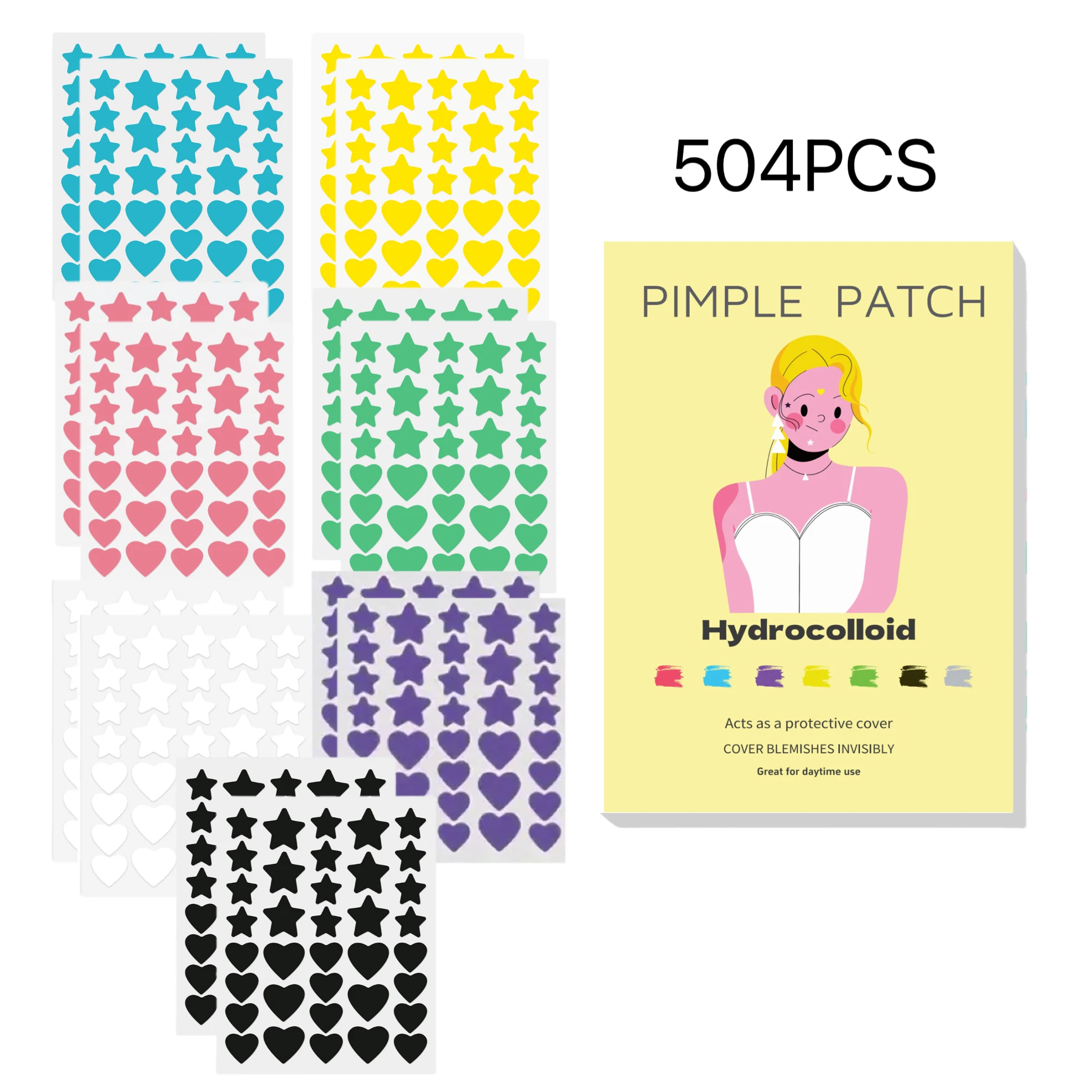 Cartoon Blonde Lady Pack Pimple Patches 504Pcs, Mixed Star Heart Waterproof Spot Covers