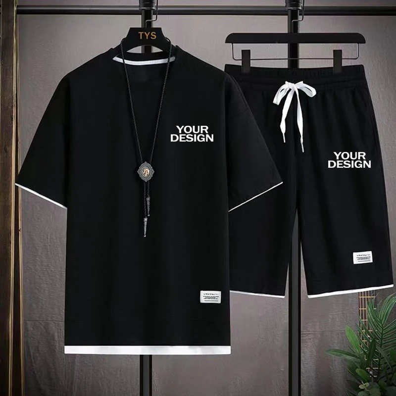 

Men's New Waffle Summer Men's Fashion Casual T-shirt Shorts Set Men's Sportswear Solid Color Sportswear Youth Loose Set