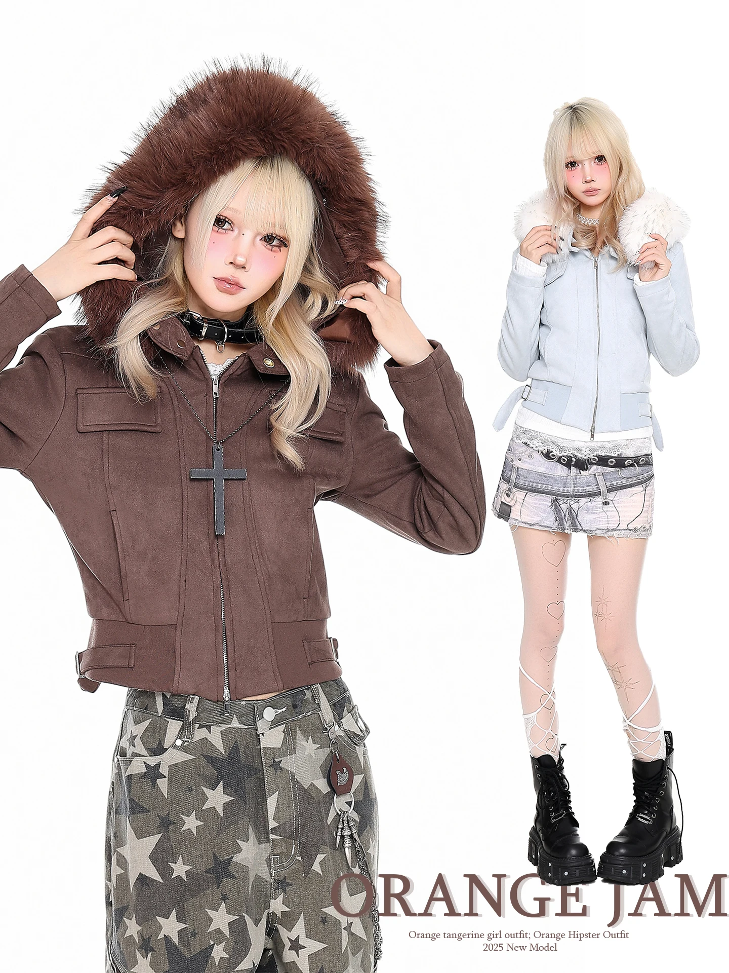 

Retro Orange Jelly Girl ort Double Zipper Suede Jaet Women's Autumn Winter Slimming Outerwear with Fur Collar Warmth