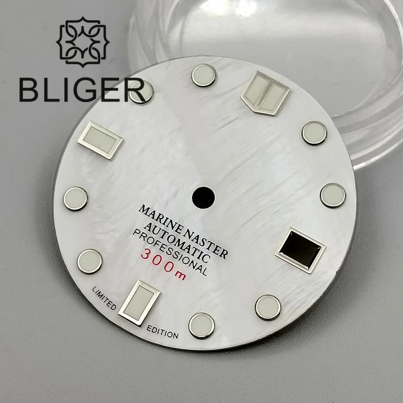 BLIGER 29mm White Mother Pearl Watch Dial BLUE White Green Index For NH35 Automatic Movement With Date Window Green Luminous