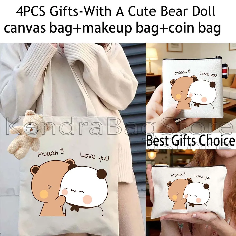 4PCS Gifts Kawaii Lovely Cute Cartoon Couple Bear Canvas Tote Bag,Cosmetic Makeup Bag,Coin Purse Wallet Pouch for Men and Women