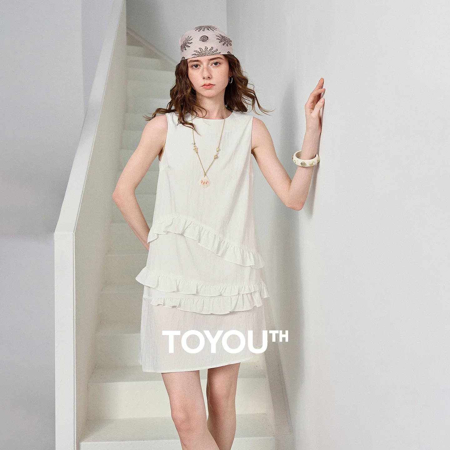Robe T-shirt rétro à volants taille haute pour femme TOYOUTH, nouvelle collection été 2026, collaboration Gong Zhang Zhang, motif chat