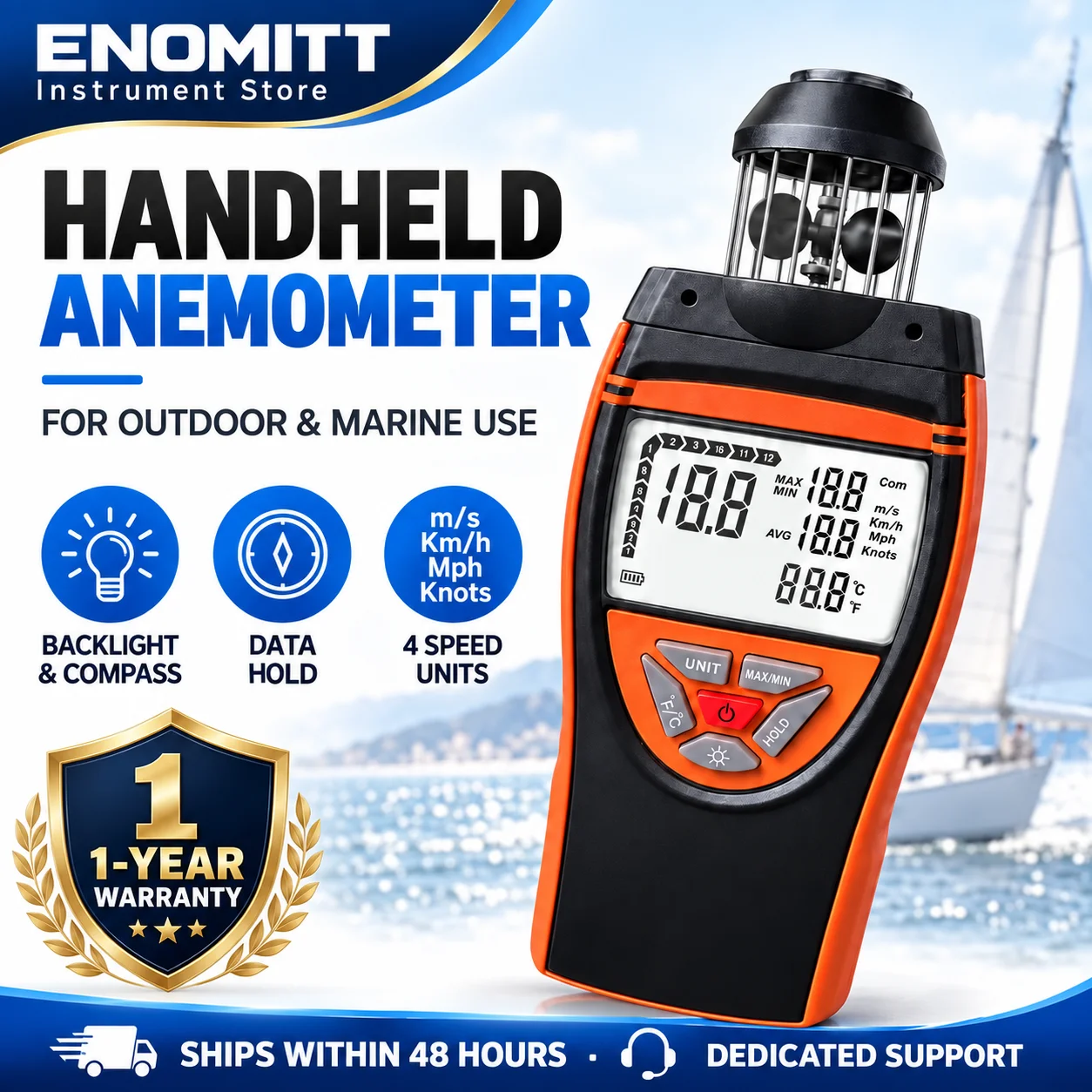 Digital Wind Speed Meter 4 Cups, 0.7~42m/s Wind Speed and Temperature ℃ ℉ with Compass for Shooting Fishing Sailing