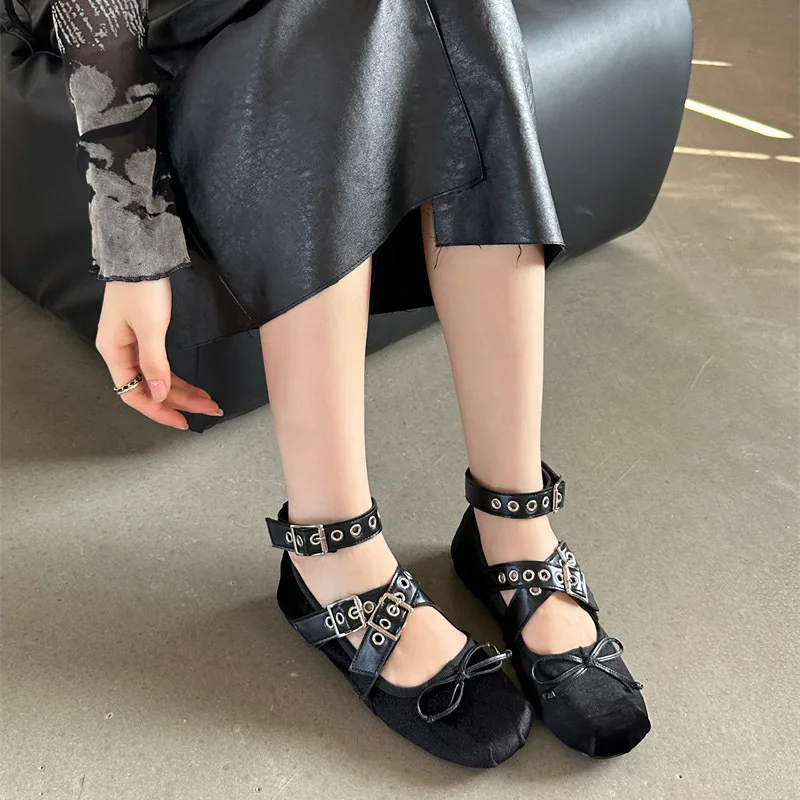 Female Butterfly-Knot Footwear Ballet Flats Fashion Women Dance Shoes Spring Buckle Round Toe Ladies Flats with Lolita Shoes