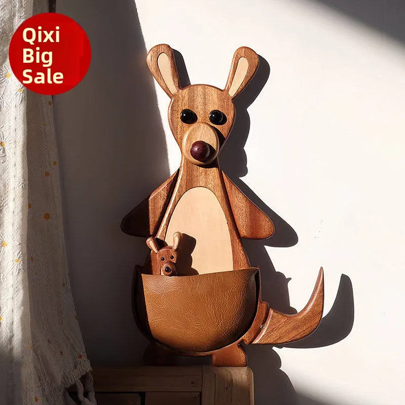 Adorable Kangaroo Wooden Wall Storage Bag Entrance l Children's Room Kitchen Decor Frie Magnet Key Holder Multi-Function...