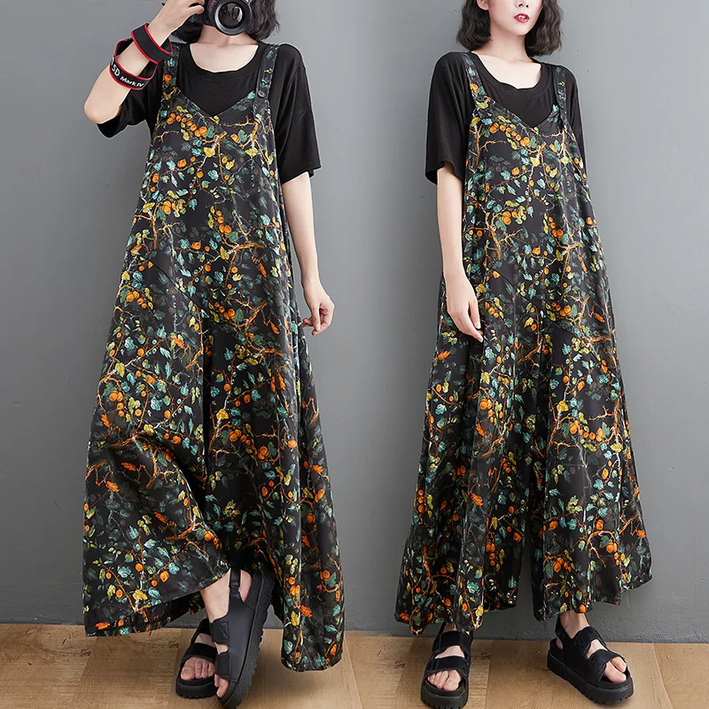 

Faionable Wide Leg Jumpsuit Casual Summer Pants plus Size Loose Strap Artistic Sle High Waist Cotton Long Trousers
