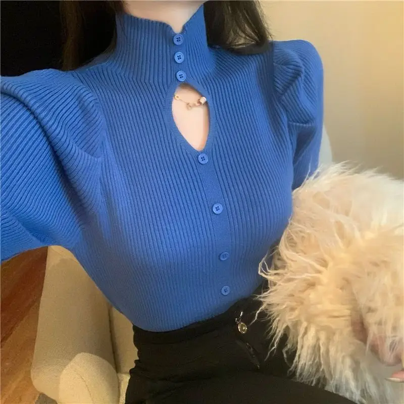 Women\'s Clothing Elegant Trend Casual Korean Slim Interior Lapping Undercoat Solid Color Buttons Turtleneck Long Sleeve T-Shirts