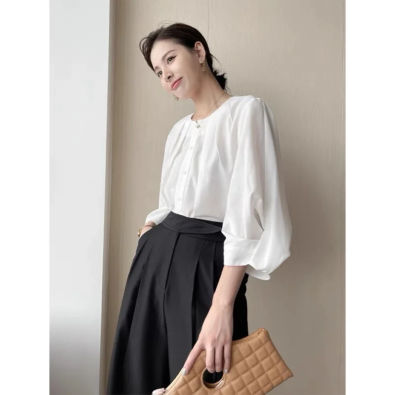 Women French Style Solid Bubble Sleeve Shirts Spring Autumn Chic Cuff Folds Blouses Clothing Casual Loose All-match Button Tops