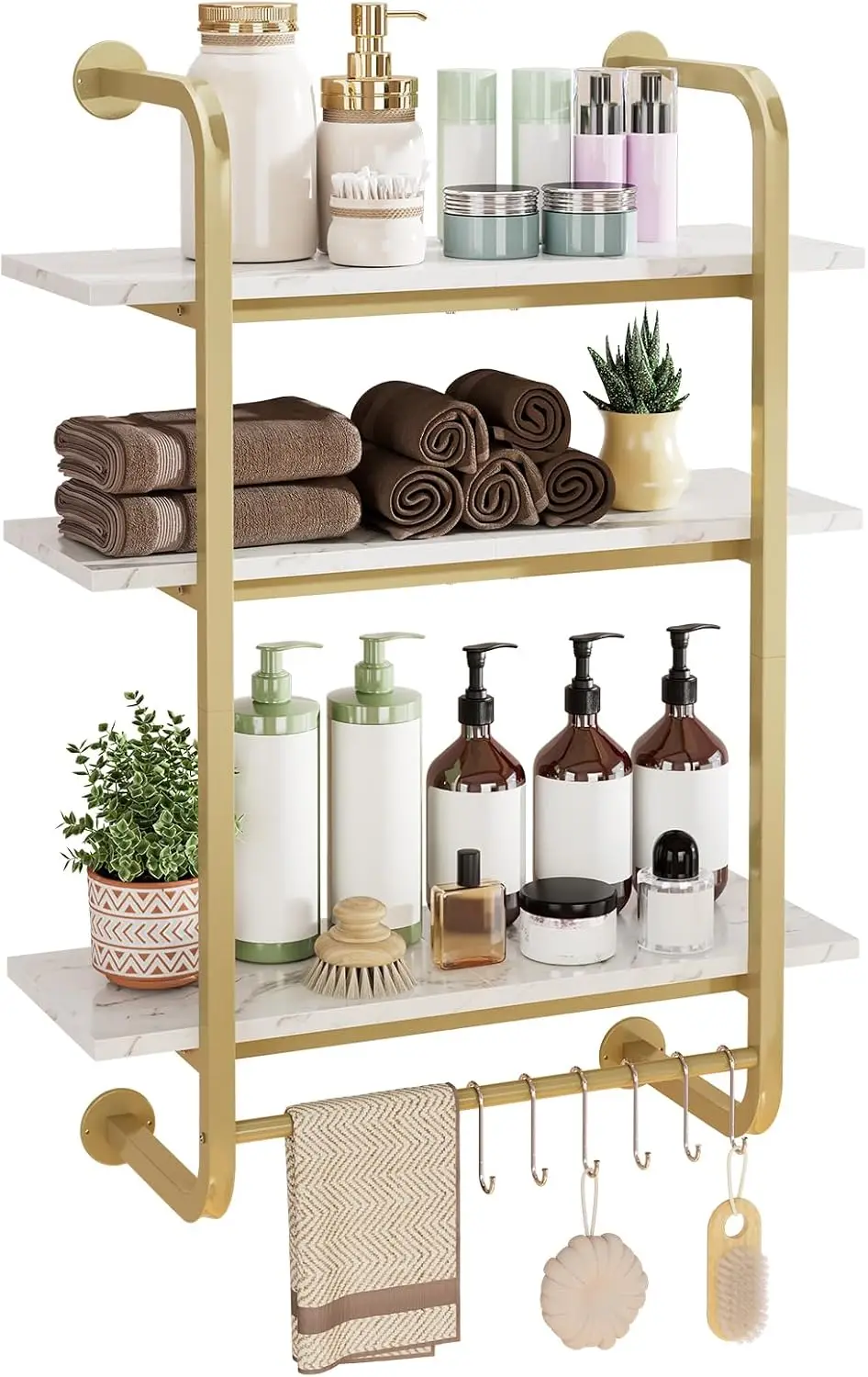 3-Tier Floating Kitchen Wall Shelves, White and Gold Wall-Mounted Storage Shelving