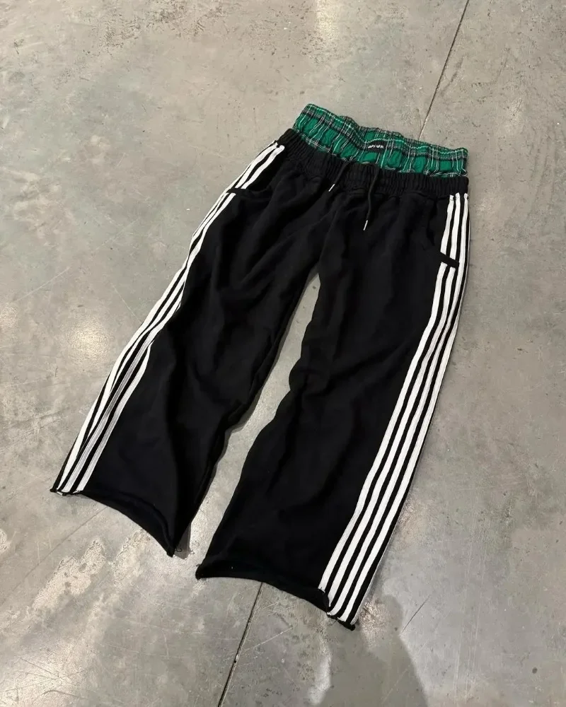 American Hip-hop Loose High Waisted Straight Leg Fake Two-piece Pants Retro Striped Patchwork Y2K Casual Elastic Waist Trousers