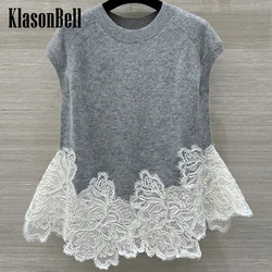 9.29 KlasonBell Women Clothes Contrast Color Hem Lace Spliced Cashmere Knitwear Temperament Sweet Short Sleeve T-Shirt