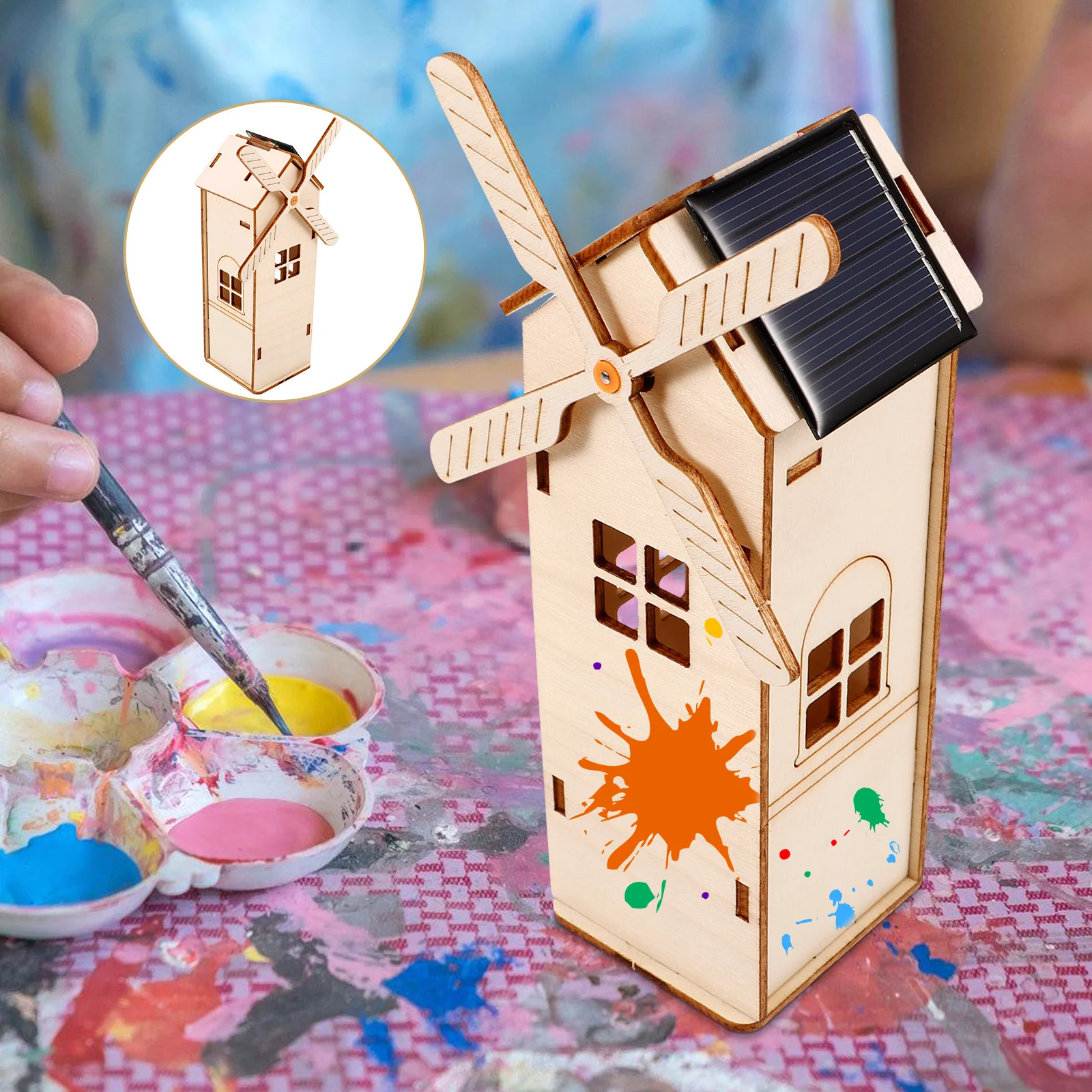 1 مجموعة خشبية خربش طاحونة الطاقة الشمسية DIY مجموعة تجميع الأطفال الأيدي المشاريع التعليمية اللعب مجموعة