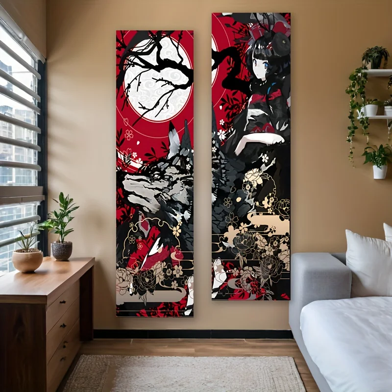 Vertikaler Wandbehang mit dunklem Blumenmuster und Anime-Mädchen-Motiv, rot, schwarz und gold, abstrakte Kunst, langer, schmaler Wandbehang für Schlafzimmer- und Wohnheimdekoration