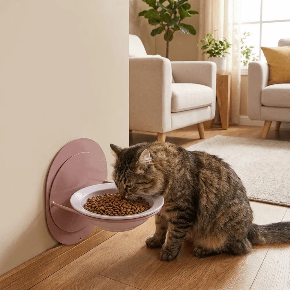 Wall Mounted Ceramic Cat Bowl Neck Protection Adjustable Height Elevated Cat Water Bowl with Magnetic Stand Detachable