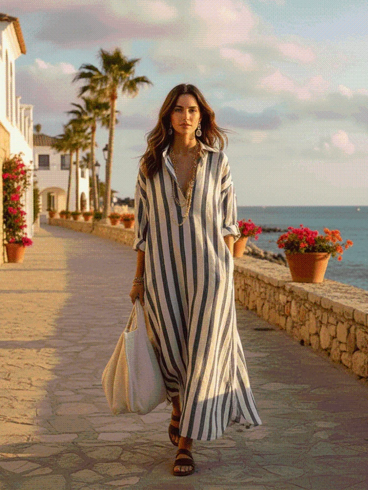 New Long Sleeve Striped Dresses Loose Fit V-neck Shirt Dress Patchwork Boho Women Long Skirt Spring Summer