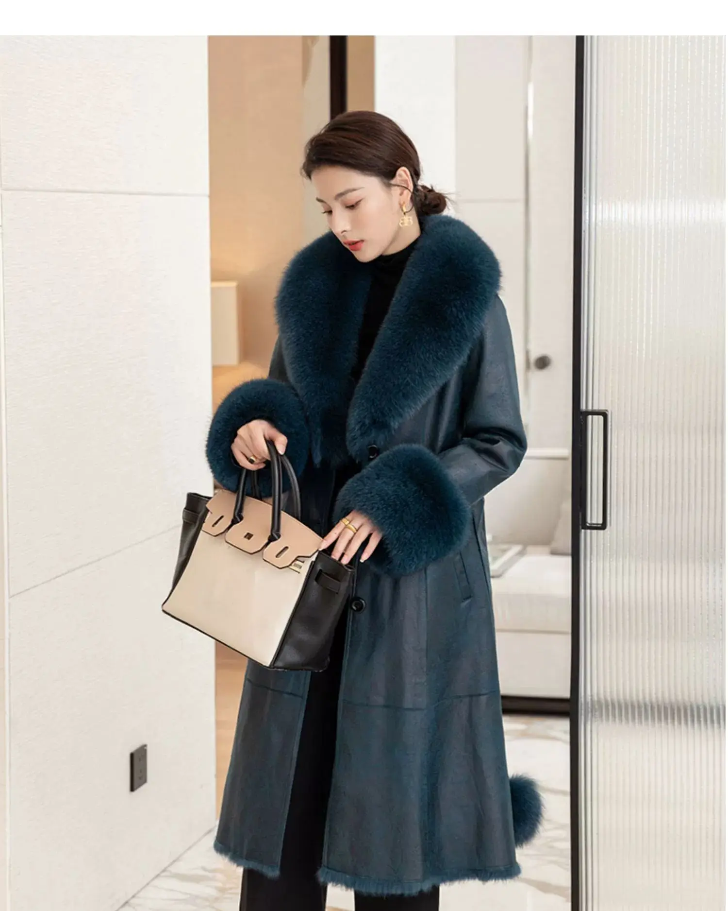 2023 New Rabbit Fur One Piece Coat for Women Mid length Fox Fur Collar Lace up Slim Fit Haining Fur Coat for Women