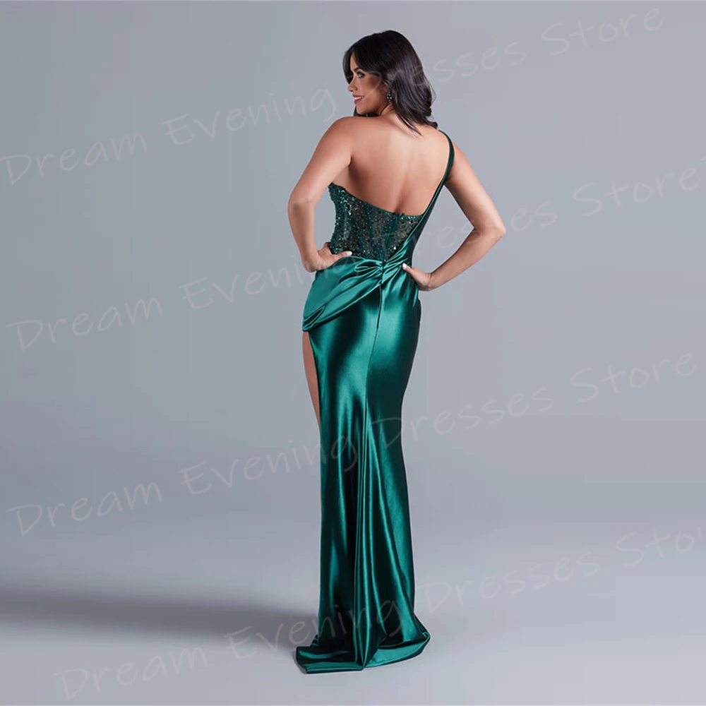 Classic Green Mermaid Modern Women's Evening Dresses Elegant One Shoulder Prom Gowns Charming High Side Split Vestido De Noche