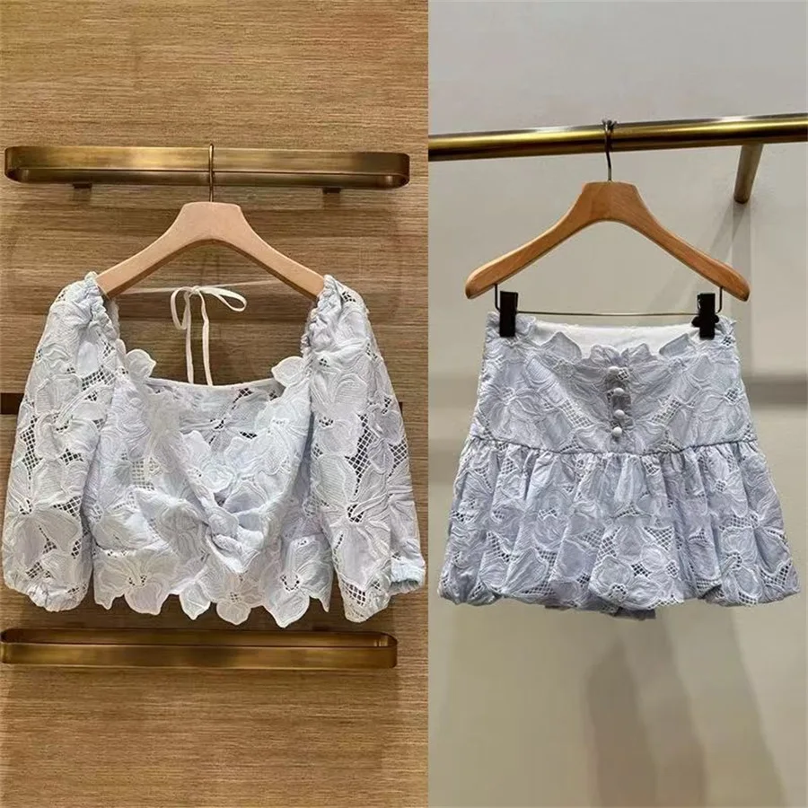 

2025 Summer New Collection: French Elegance Lace Floral Embroidery Backless V-neck Blouse + Puff Half Skirt Set