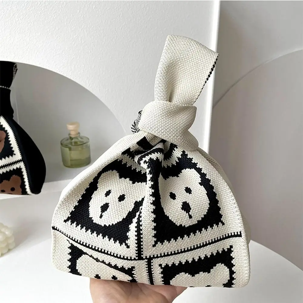 Korean Knot Wrist Bag Small Bear Knitted Bag Women\'s Handbag Fashion Simple Tote Bag Purses Ladies Clutch Woven Shopping Bag