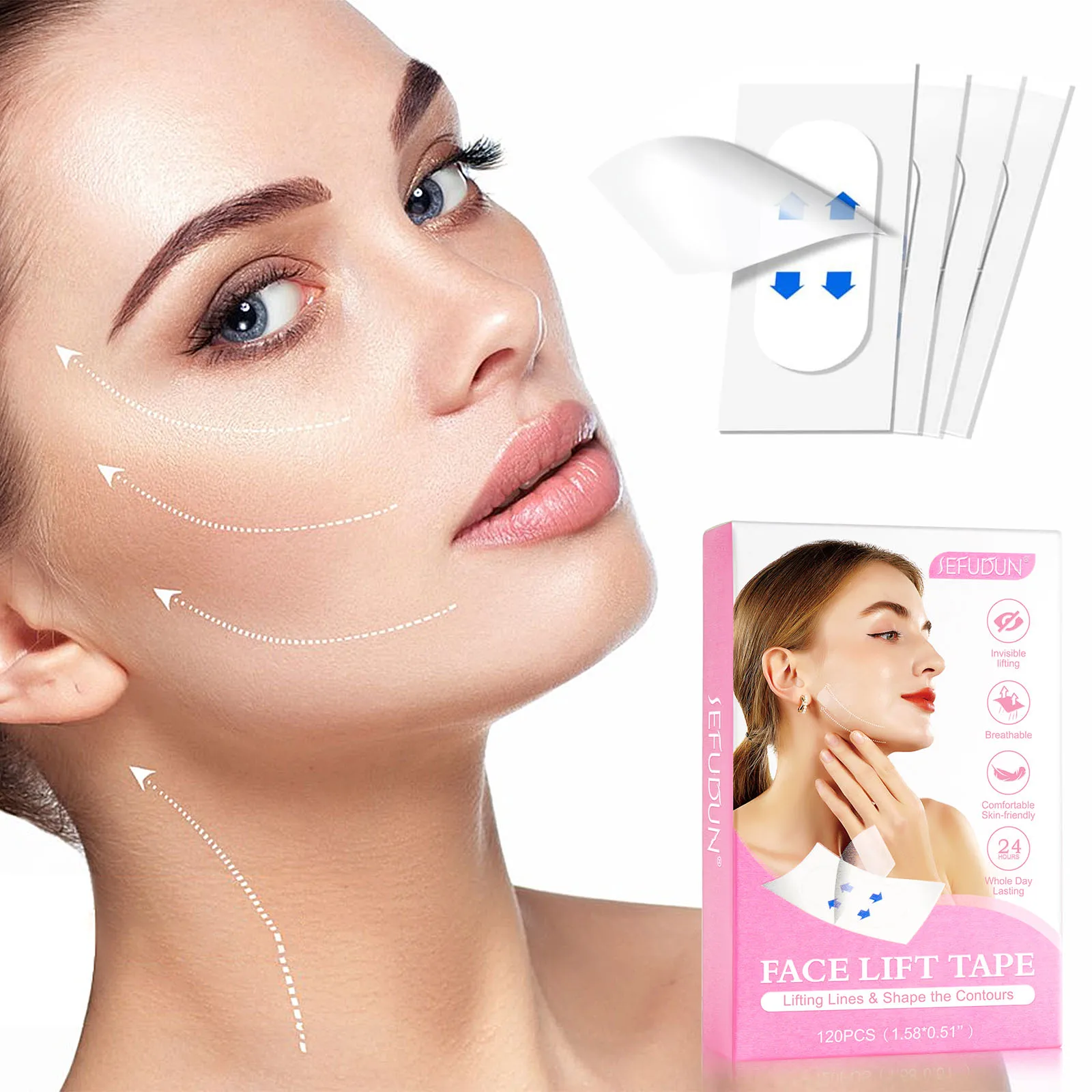 Face Lift Tape Invisible for Wrinkles 120 Pieces Set Lifting Lines and Shape the Contours Breathable Comfortable Skin-friendly