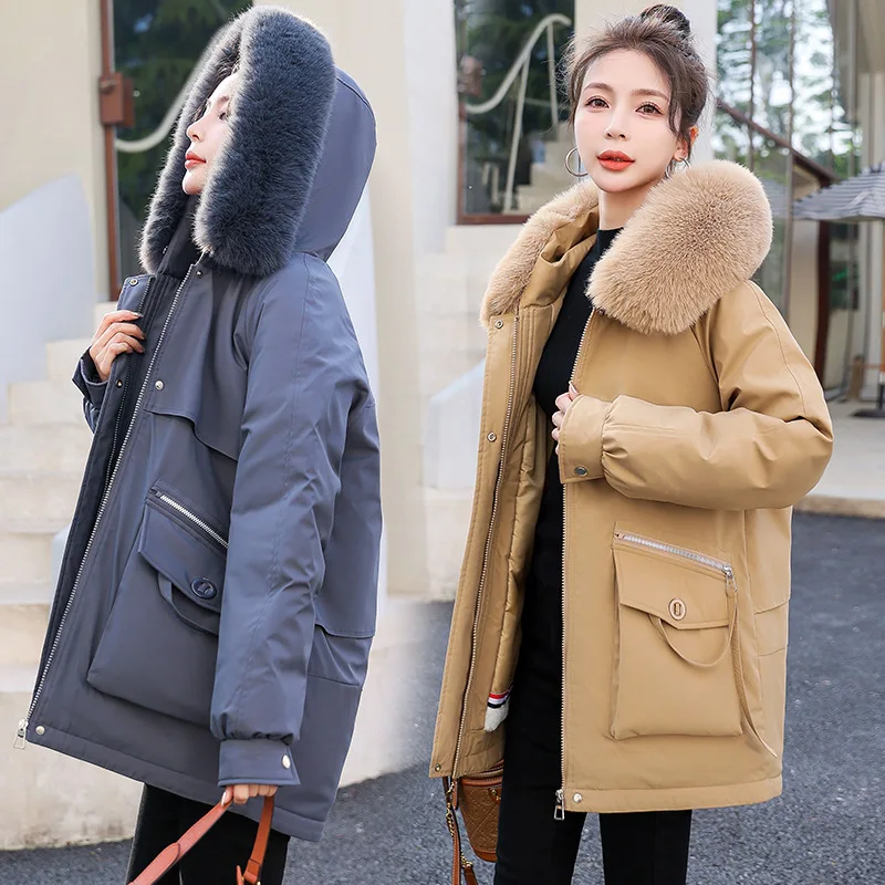 

Winter Plush Warm Women Jacket Casual Hooded Down Cotton Parkas Coat Chic Big Fur Collar Puffer Coat Loose Zipper Outwear Jacket