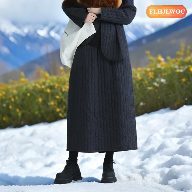 暖かい冬用スカート ホットセール 2026 FLHJLWOC ブランド 新年 女性 日本 ガールズ レトロ ヴィンテージ ポケット付き スリット入り ブラック ロング 厚手スカート