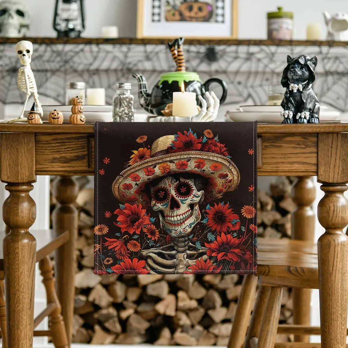 Mexican Day of The Dead Flowers Sombrero Linen Table Runners Dining Room Decor Durable Dining Table Runners Party Supplies