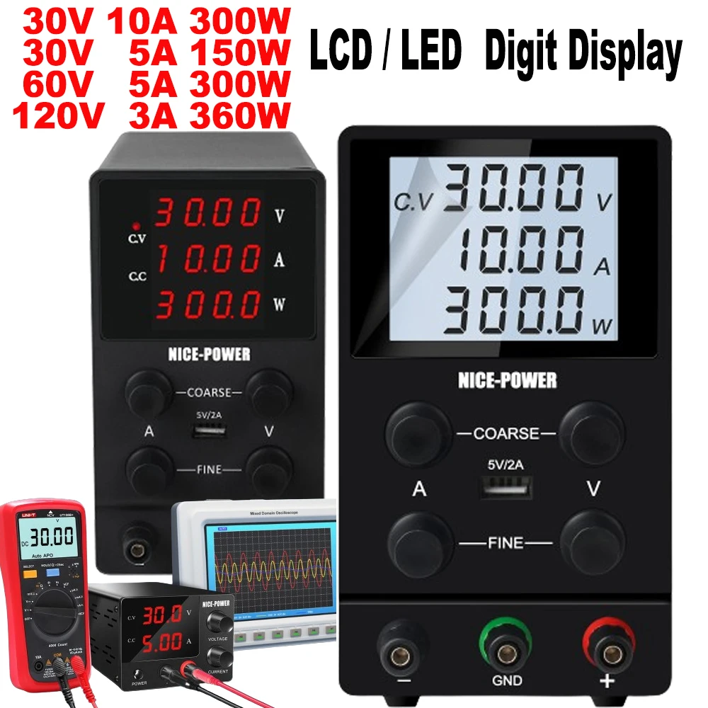 Lab Bench DC Power Supply 30V 10A LCD Optional Adjustable Switching Power Source 5V 60V 120V Phone Repair Charging PCB LED Test