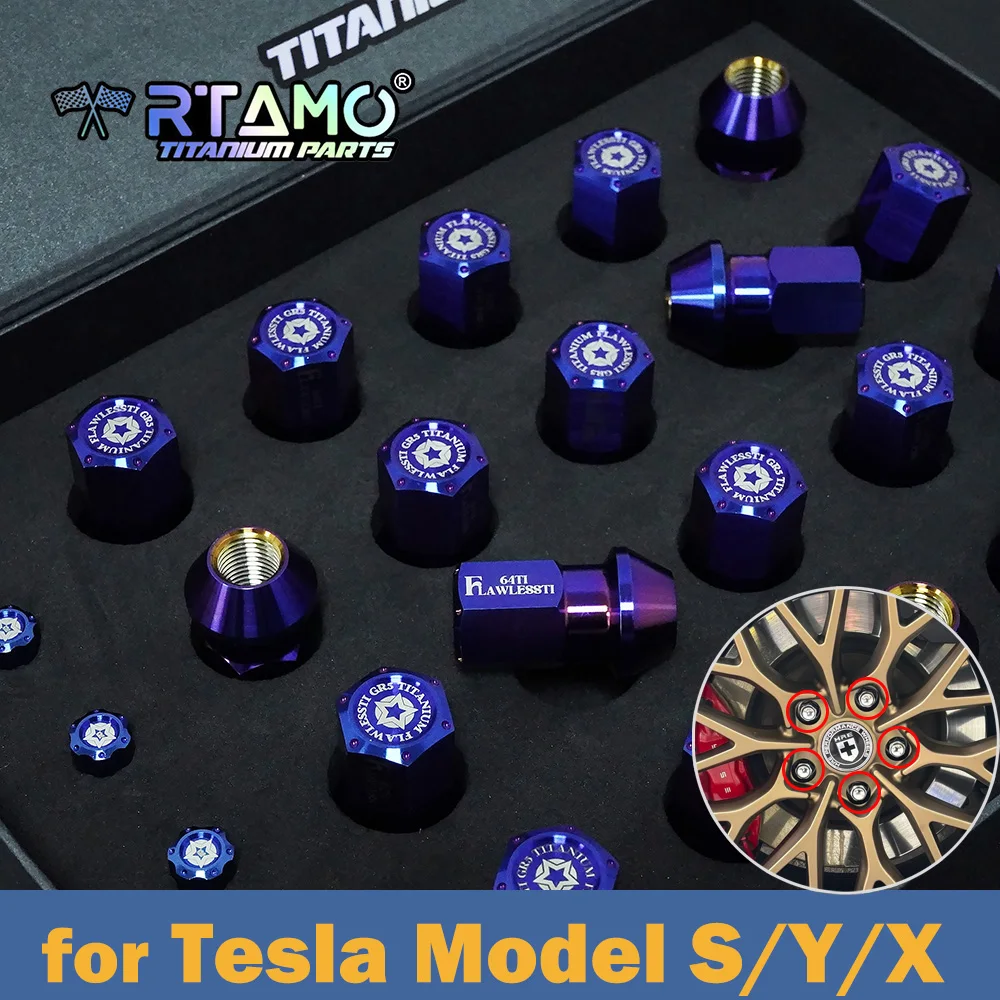 

RTAMO 24 шт. титановые гайки ступицы колеса автомобиля, болты M14X45LX1,5P с крышкой штока клапана, подходят для Xiaomi Su7 Tesla MODEL Y X S, модификация