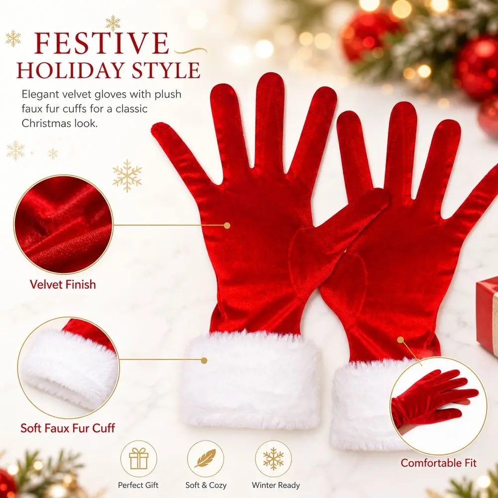 Velvet Gloves Christmas Costume Gloves White Faux Fur Trim Red Velvet Christmas Performance Gloves Full Finger Soft Warm