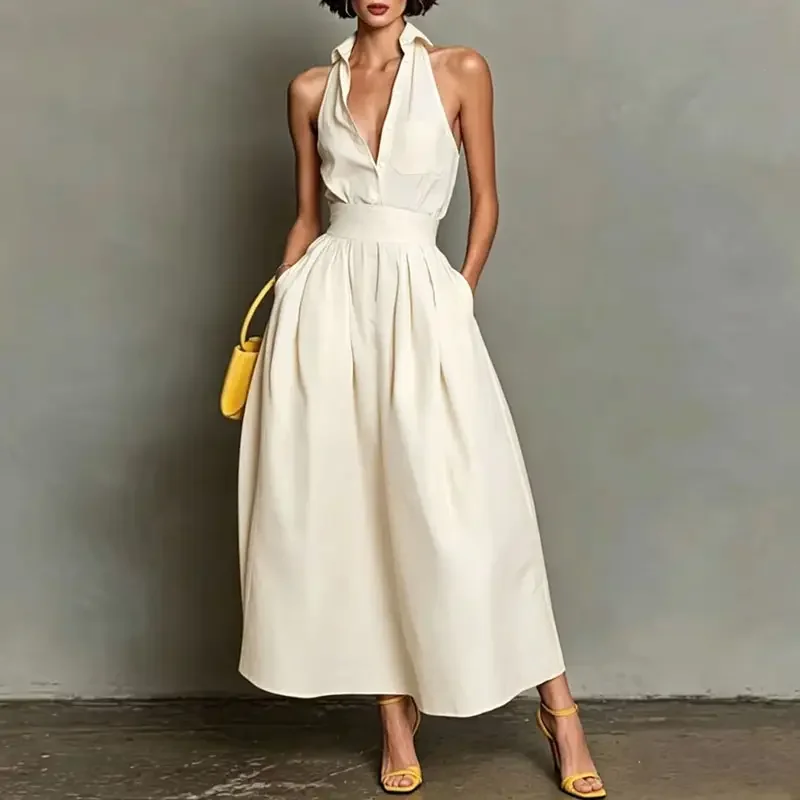 Greenora Solid Maxi Dress Women Sleeveless Trun-down Collar Button HighWaist Pleated Pocket Dress New Summer Party Holiday Dress