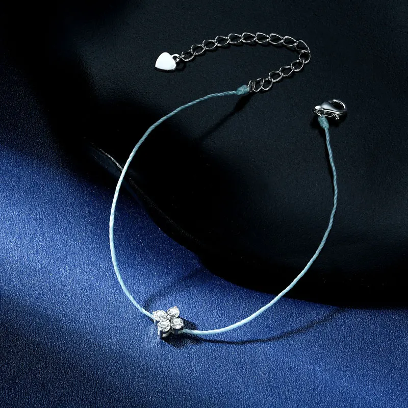 Rrjzz 925 Sterling Silver Lucky Charm Blue String Protection Adjustable Bracelet Certified Moissanite Four Petals Flower Bracele