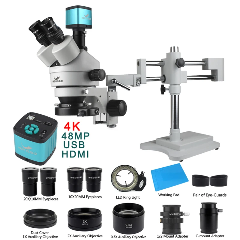 3.5X 90X 180X Simul-Focus Double Boom Stand Trinocular Stereo Zoom Microscope 48MP 55MP 2K 4K HDMI VGA USB Camera For PCB Repair