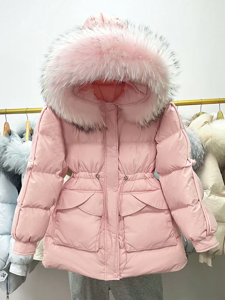 Novo inverno grande real pele de guaxinim com capuz pato para baixo jaqueta de enchimento feminino solto à prova dwaterproof água puffer casaco engrossado quente macio parka