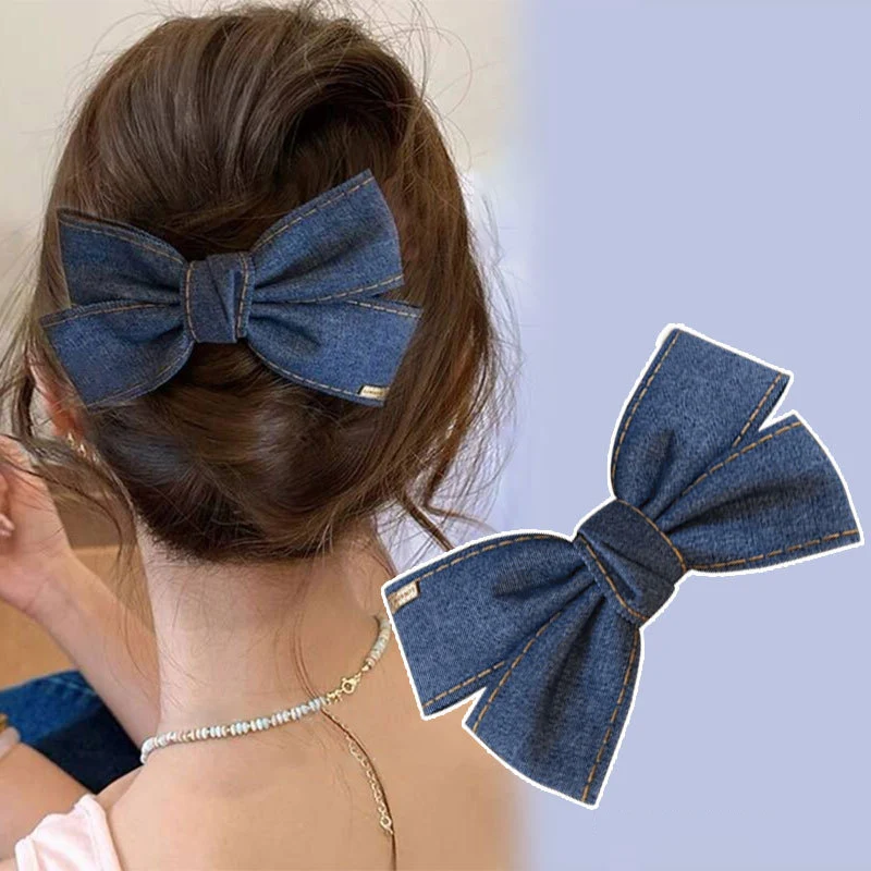 الكورية الفتيات الدنيم فيونكات شعر كليب للنساء كبيرة اليدوية Bowknot دبابيس الشعر خمر الإناث إكسسوارات الشعر
