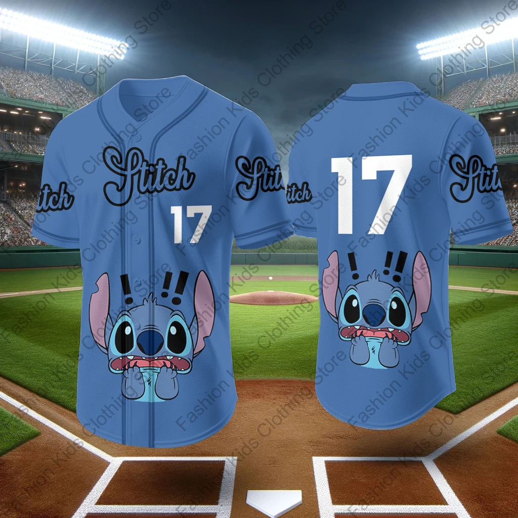 MINISO 2024 New Baseball Jersey Cute Stitch Printed Kids Adults Fashion Cartoon Buttons Baseball Uniform Kids Tops Clothing