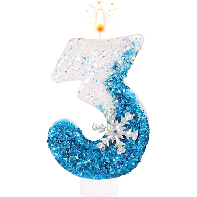 Frozen Birthday Candles 0-9 Number Glitter Blue Snowflake Cake Candle Kids Girls Birthday Party Cake Topper Decoration Supplies