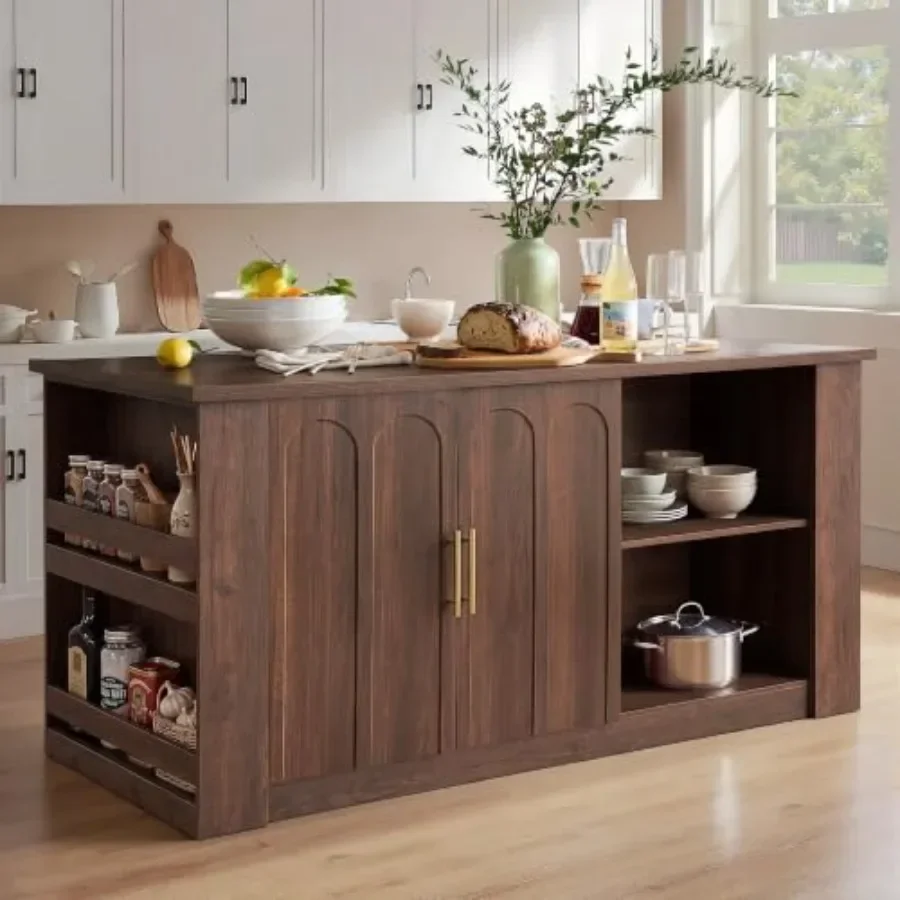 Large Kitchen Island with Storage and Arched Doors for Home Use, Walnut Finish Wood, Warm Brown, Spacious Design with Concealed