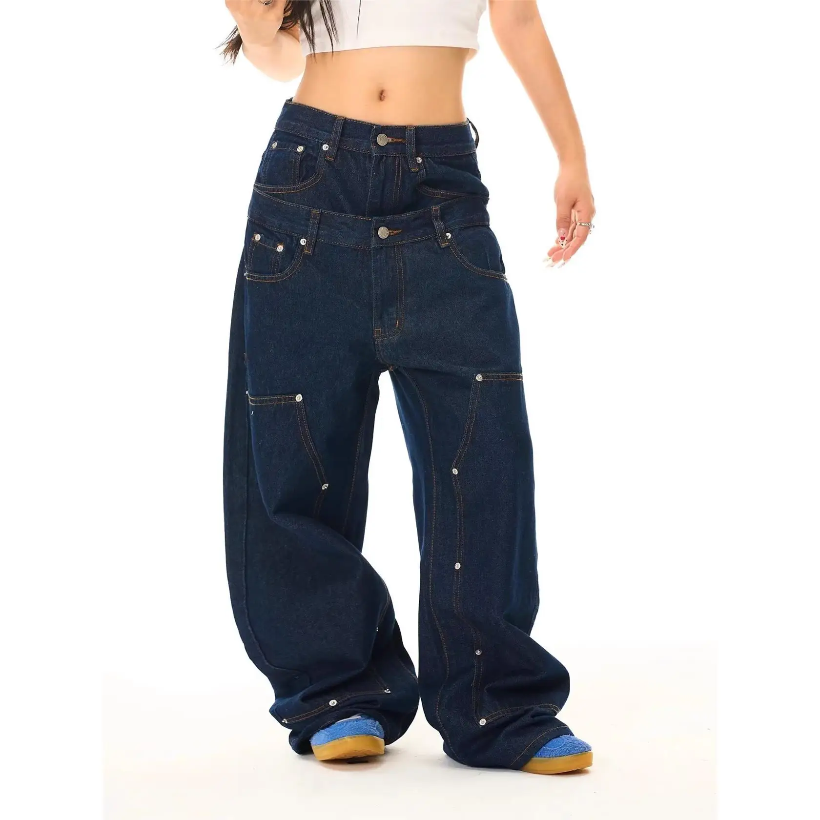 Retro American Wide Leg Straight Casual Jeans High Waist Cotton Denim Asymmetric Design Unisex Loose Fit Comfortable Jeans
