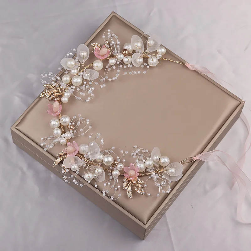 Sweet Bridal Hair Accessories Wedding Women Pearl Hairband Fairy Pink Girl Head Flower Crown Golden Wire for Female Decoration