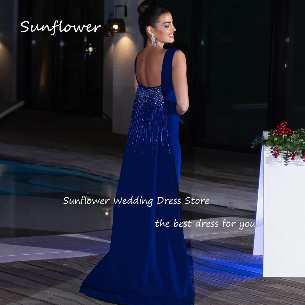 Sunflower Simple Blue O-Neck Crepe Mermaid Prom dress 2024 Slim Beading Long Cope Floor-Length Formal Evening Dress