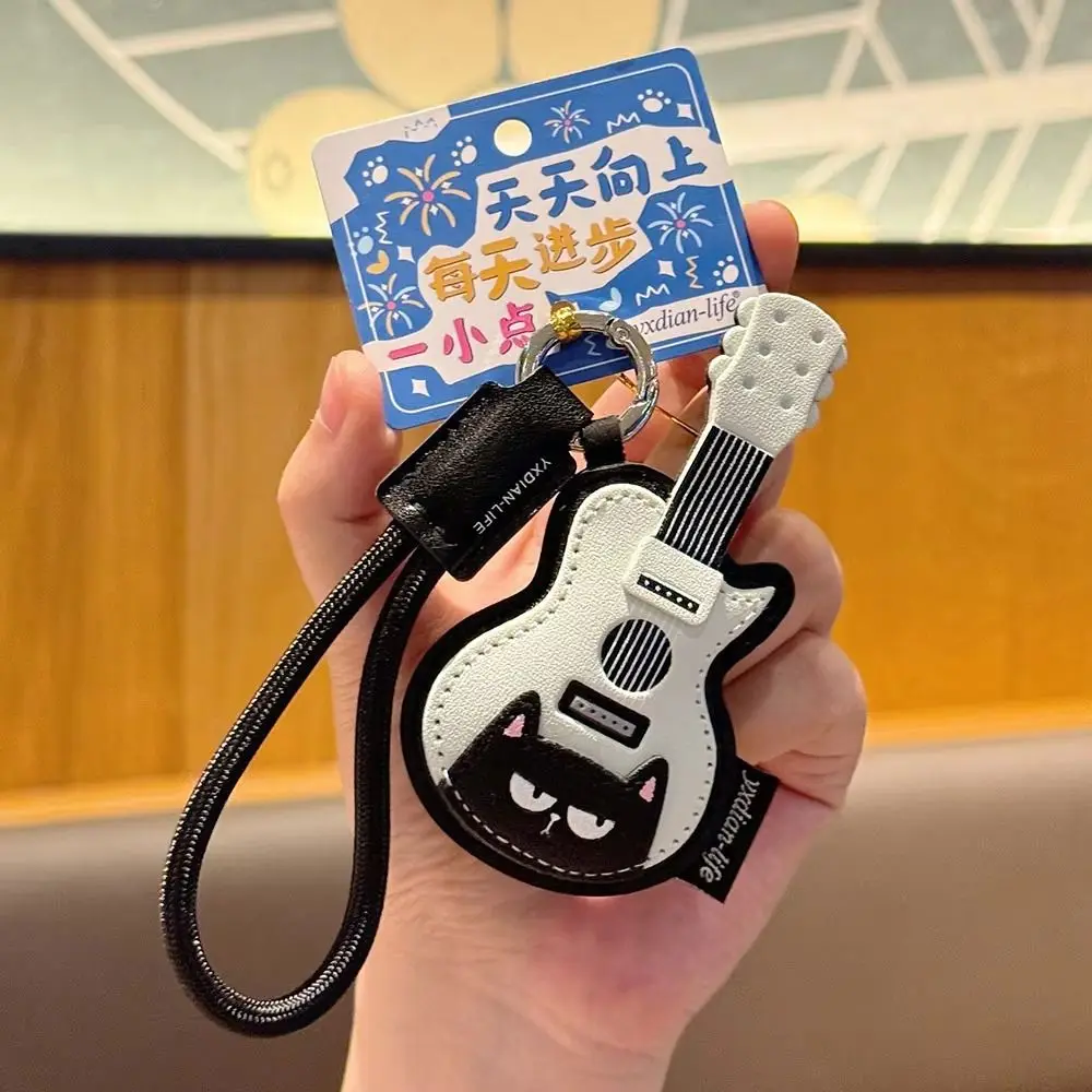 PU Leather Leather Keychain Black Cat Piano Shape Musical Instrument Keychain Guitar Shape With Lanyard Guitar Keyring - view 2