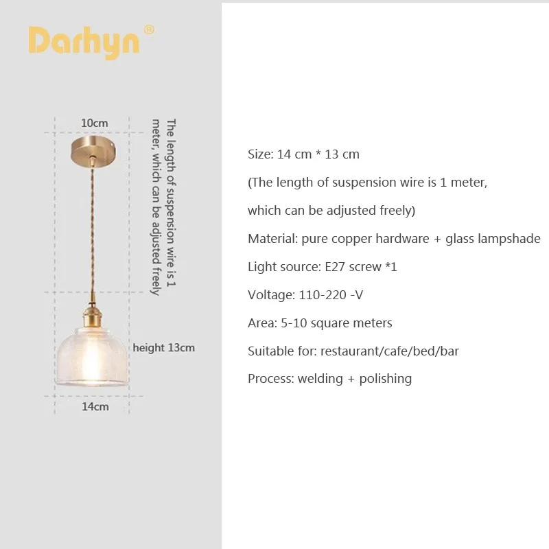 Nordic Glass Pendant Light Pendant Lamp Copper Lamp Brass Creative Minimalist E27 Transparent Lampshade For Restaurant Light